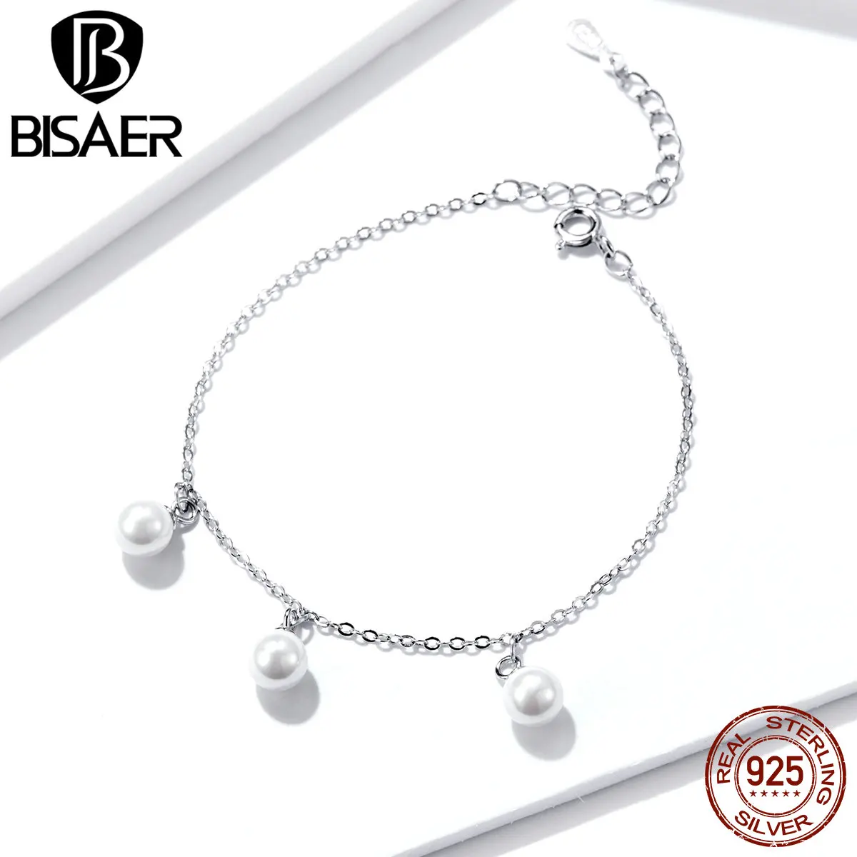 BISAER, женские браслеты, подлинные, 925 пробы, серебро, пресноводное жемчужное звено, браслеты для женщин, Стерлинговое Серебро, ювелирное изделие ECB132