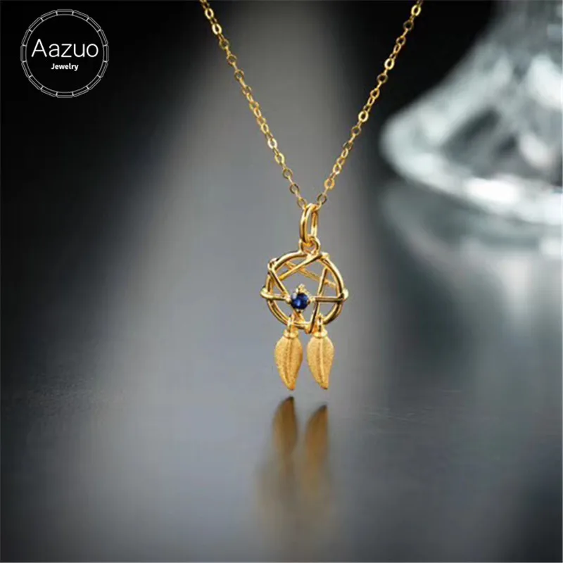 

Aazuo Real 18K Yellow Gold Real Diamond IJ SI Natural Emerald Sappire Dreamcatcher Free Pendent Necklace gifted for Women Au750