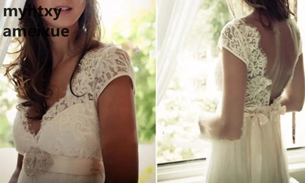 

2020 New Short Chiffon And Satin V-neck Sweep Train Floor-length Backless Beach Cap Sleeve Boho Beach Lace Wedding Dress
