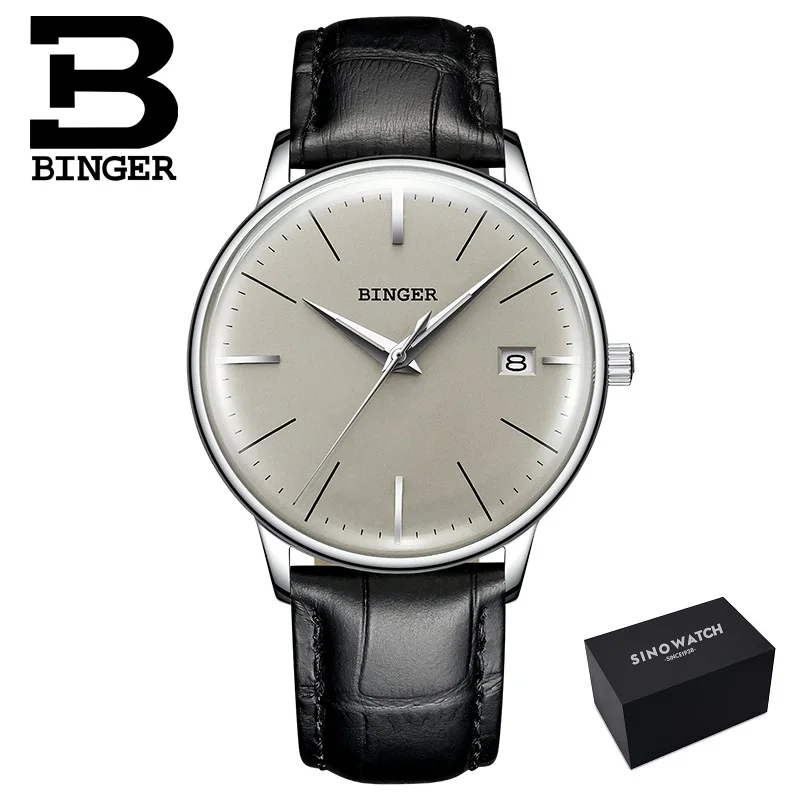 leather grey Seiko мужские механические часы с автоматическим перемещением, t BINGER, Топ бренд, роскошные мужские механические часы, relogio masculino, ремешок из нержавеющей стали с серым зеркалом - Цвет: leather grey