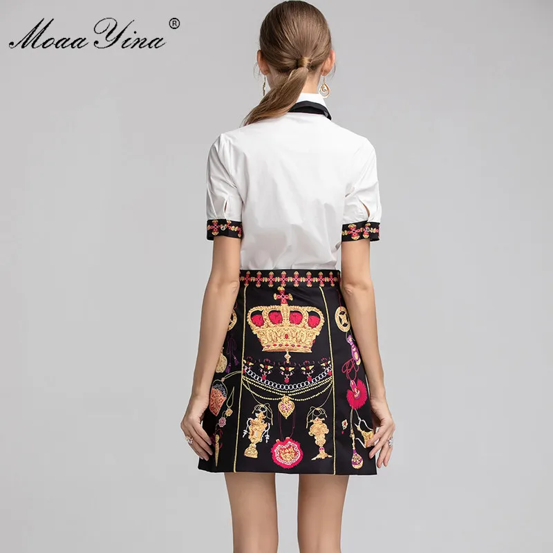 MoaaYina модельер Set Для женщин с коротким рукавом Бисер элегантные рубашки Топы +