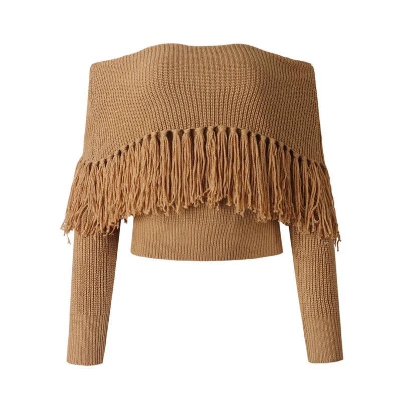 Для женщин Твердые длинным рукавом кисточкой трикотажные Slash шеи свитер без