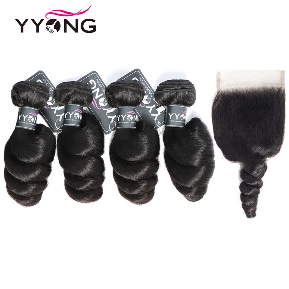 

Yyong Brazilian Loose Wave Bundles With Closure 100% Human Hair Weave 4 Bundles With Lace Closure No Shedding No Tangle Remy