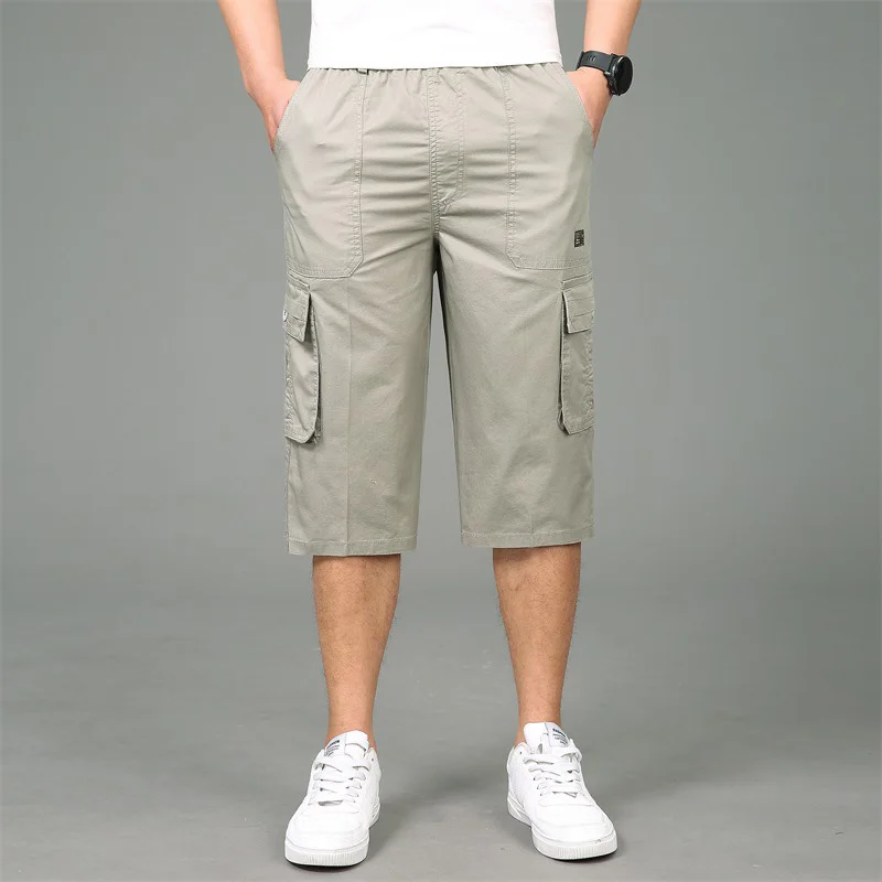 light grey Clomplu мужские шорты Карго s 3/4 брюки размера плюс летние мужские короткие штаны новая одежда для мужчин качественная эластичная талия - Цвет: light grey