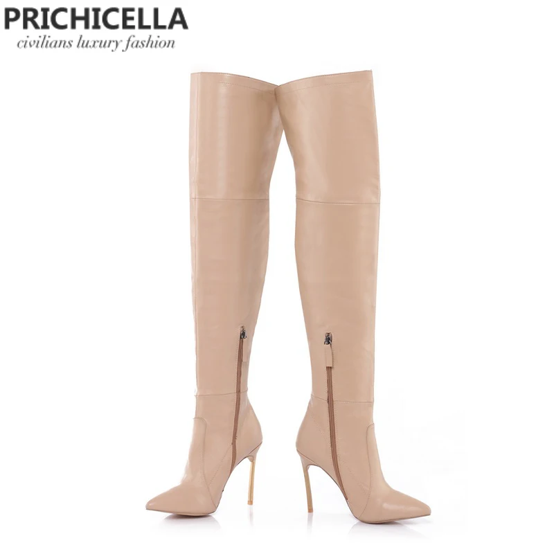 PRICHICELLA/коричневые женские облегающие высокие сапоги из натуральной кожи на Железном каблуке; высокая обувь в гладиаторском стиле; size34-42