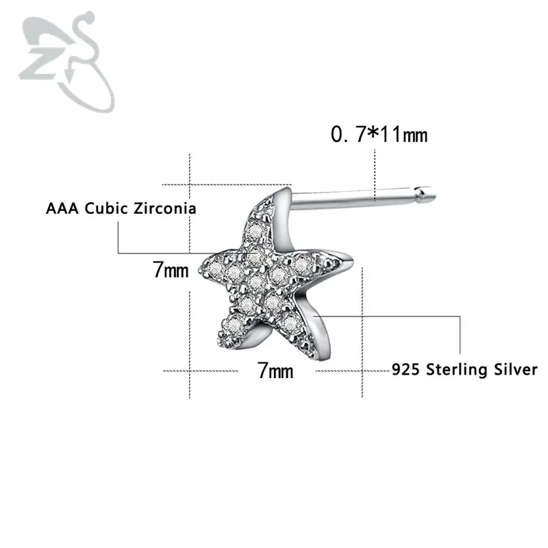 ZS Crystal Stud Earrings Fashion Jewelry Piercing Real 925 Sterling Silver Starfish AAA Cubic Zirconia Small Ear Pin | Украшения и