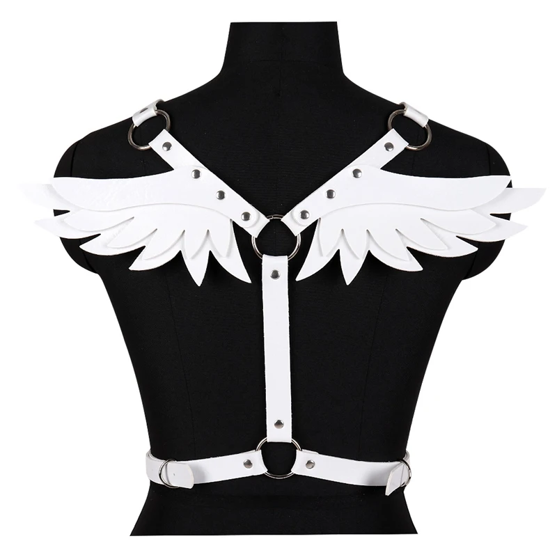 Белый кожаный бюстгальтер с крылышками, сексуальное женское белье, ремень, фетиш, панк, готика, боди, бондаж, регулируемые топы, танцевальный клуб, Рейв для женщин - Цвет: PG0521