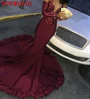 mermaid burgundy prom dresses 2019 off shoulder satin sweep train long sleeve robe de soiree plus size party dress evening gown