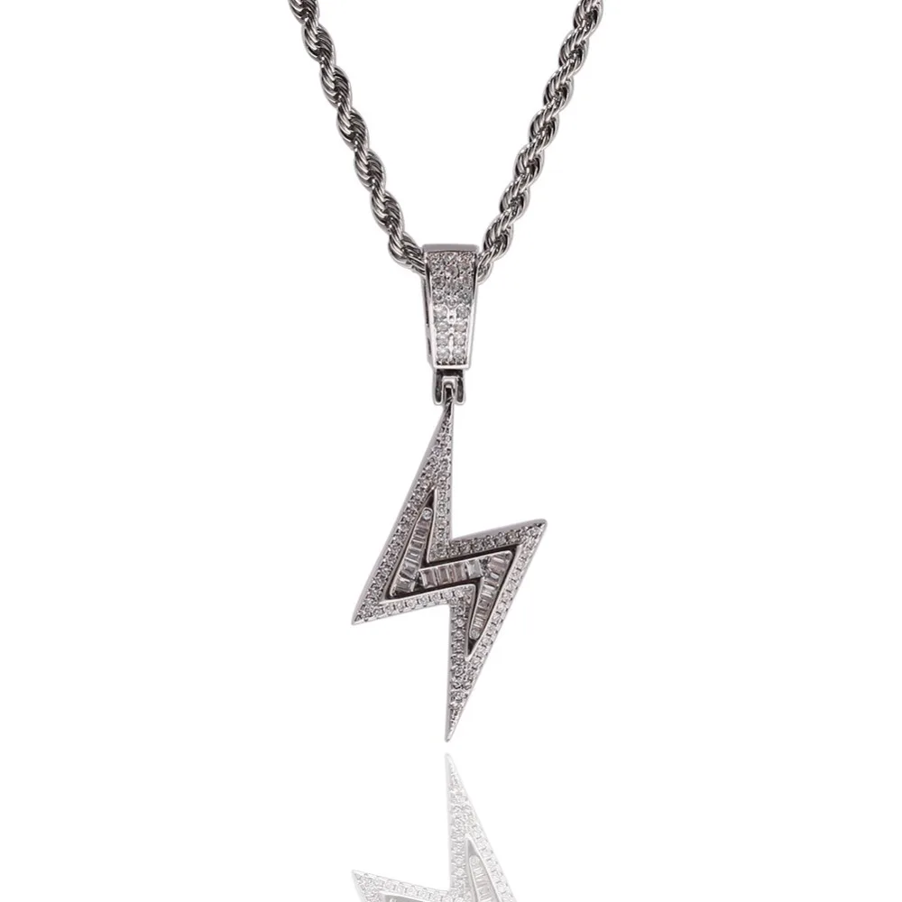 Микро проложили AAA кубического циркония Bling Iced Out подвеска «молния» ожерелье для мужчин хип хоп рэппер ювелирные изделия золото серебро