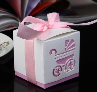 Акция! 50 шт. Baby Shower Детские коляски Hollow пользу Коробки конфет Свадебный объявление рождения коробка с лентой - Цвет: Розовый