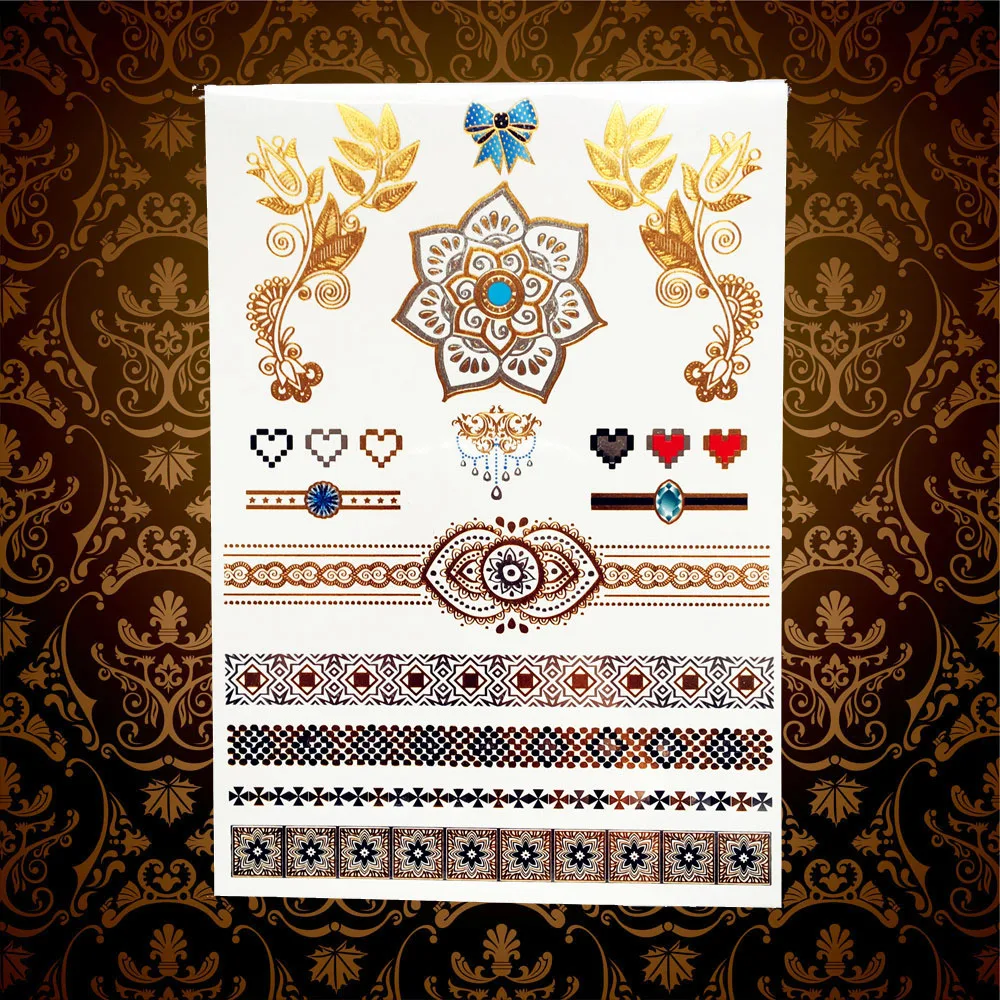 1pc hot brand new henna flash gold metallic temporary tattoo stickers sexy women hyh103 choker designs diamond bracelet tattoos free global shipping