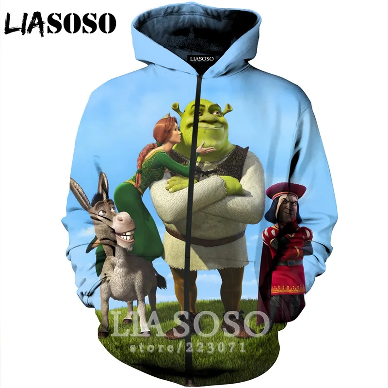 LIASOSO 2019 Новая мода Для мужчин женщин 3D принт аниме Шрек молнии с капюшоном унисекс