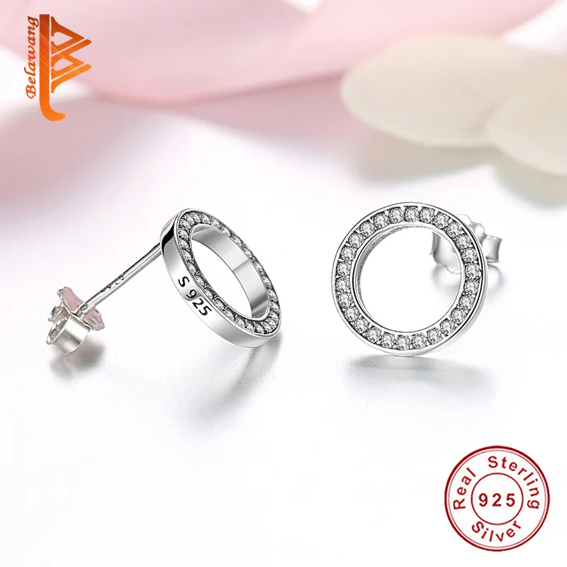 BELAWANG Forever Прозрачные Серьги с кристаллами CZ 925 пробы серебряные круглые серьги-гвоздики Свадебные ювелирные изделия Oorbellen Bijoux