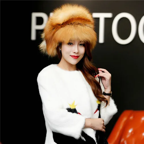 Red Fox меховая шапка натуральный мех лисы с ухо шапки женщина зимнего большой круг шляпа - Цвет: A
