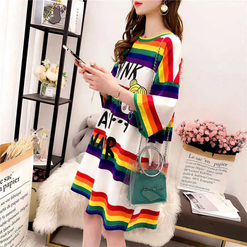 Платье в полоску с радугой женская футболка повседневное летнее платье