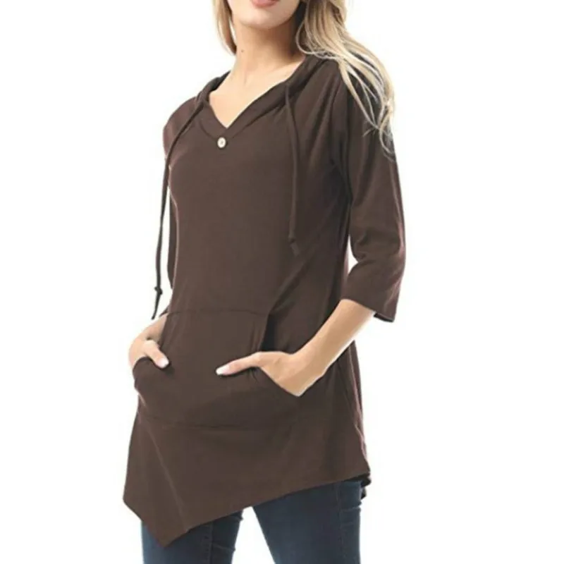 

Women Fashion Hoodies V-neck Collar Slimming Type Solid Color Three Quarter Sleeve Size S To 3XL Cotton Blend Women's Clothing