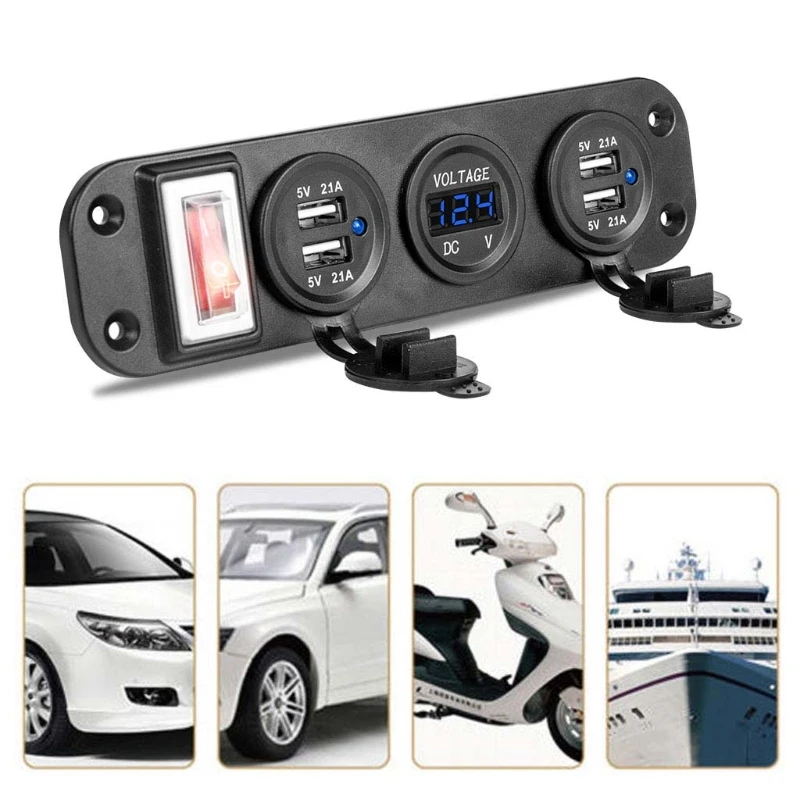 

Car Boat Truck DC 12V 24V 4 USB Charger Adapter LED Voltmeter With Switch Panel