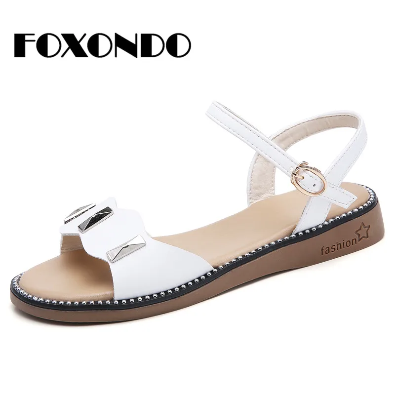 FOXONDO/2019 г. Новые летние женские сандалии кожаные на плоской подошве Босоножки
