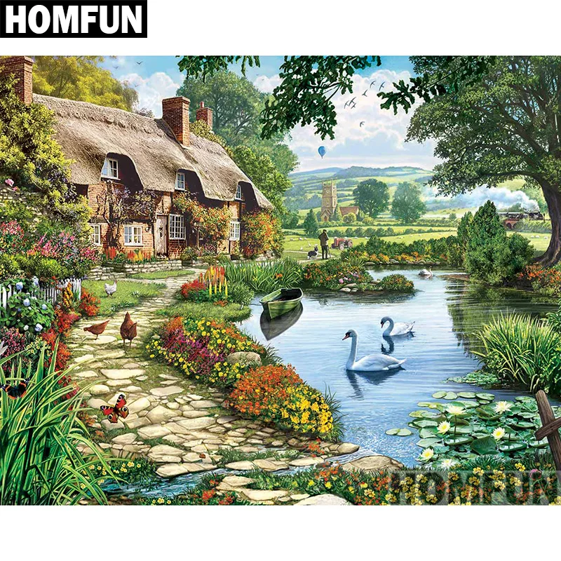 

HOMFUN Full Square/Round Drill 5D DIY Diamond Painting "Lakeside Cottage" 3D Embroidery Cross Stitch Home Decor A00794