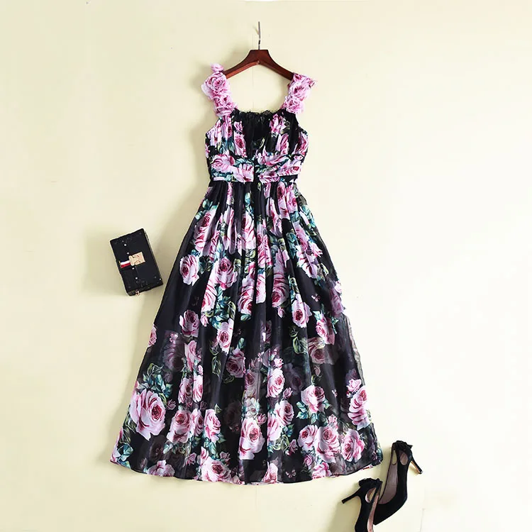 Длинное платье с аппликацией розы и цветочным принтом 2018 женское летнее богемное