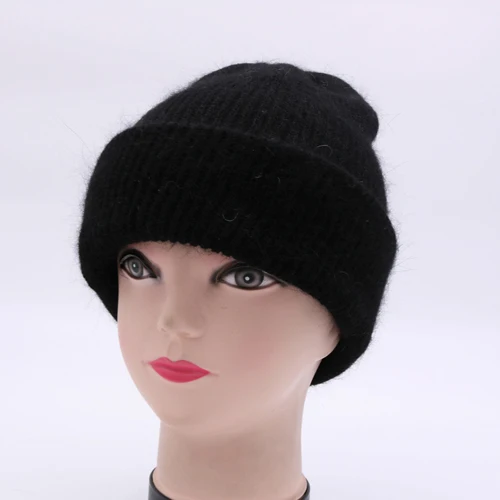 black YWMQFUR осень зима кроличья шерсть вязаные меховые шапки модные шапочки для женщин вязаные теплые шапки Skullies для девочек помпон gorros H70AB - Цвет: black