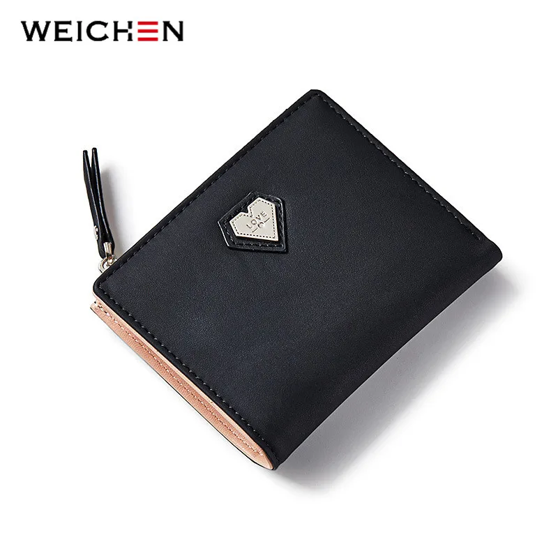 WEICHEN, элемент сердца, женские кошельки на молнии, кошелек для монет и держатель для карт, кожаные женские маленькие кошельки, хит, тонкий кошелек для женщин - Цвет: Black