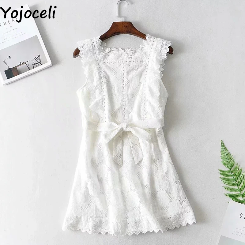 Женское короткое Кружевное платье Yojoceli белое пляжное с поясом и цветочным
