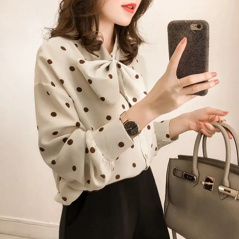 

new arrived fashion women blouse long sleeved dot printed women's top bow collar blouses tops slim fit office lady Plus size