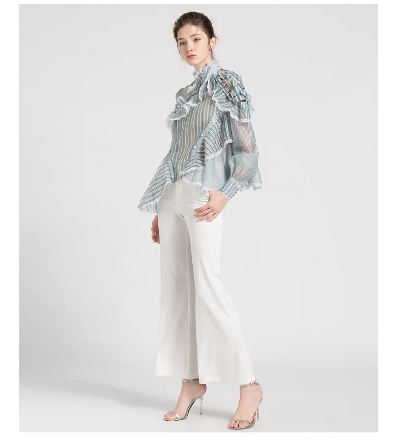 Модная рубашка для девочек 2018 весна осень зеленые полосы перспективная органза