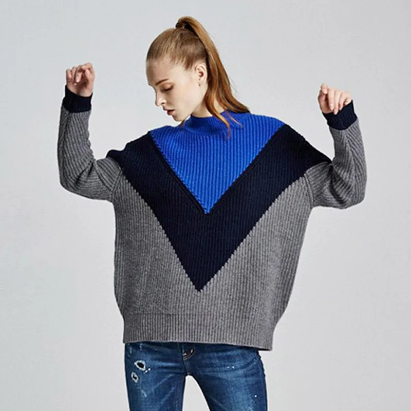 Винтаж осень Для женщин негабаритных Свитеры для Лоскутная Цвет Block Crew Пуловеры