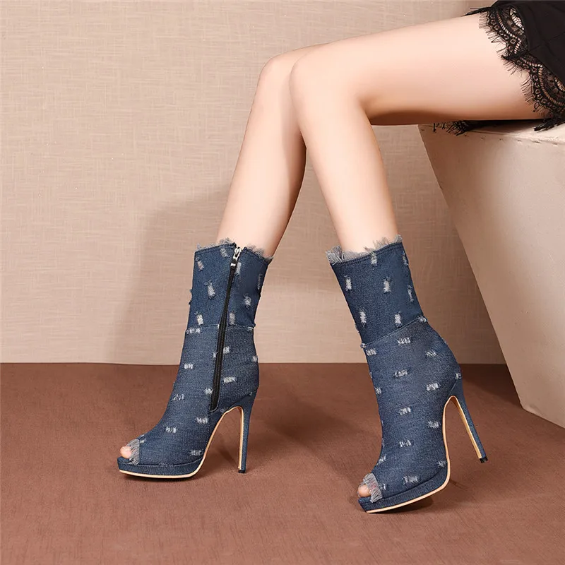 dark blue ankle MoonMeek/модные сапоги выше колена размера плюс 34-46 женская обувь на очень высоком каблуке с открытым носком на молнии весенне-осенние сапоги женские - Color: dark blue ankle