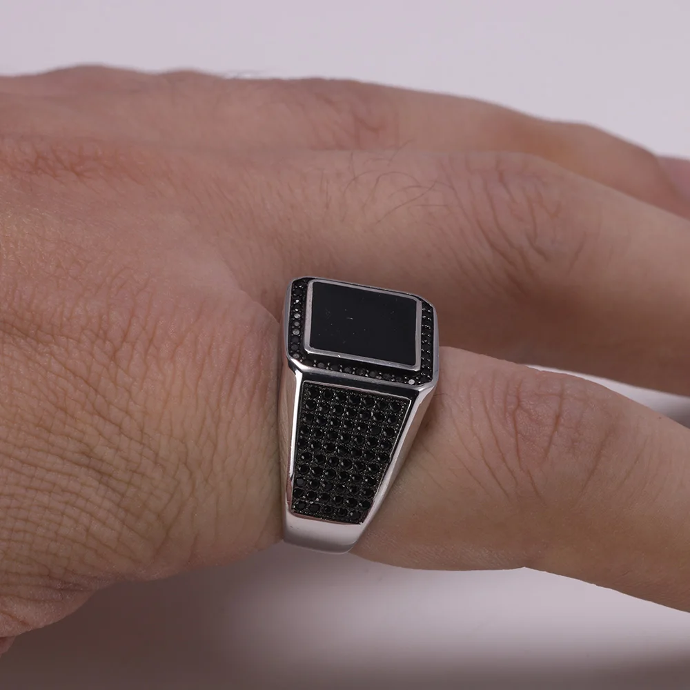 Real 925 Sterling Silver Rings Turkish Rings For Men Rings With Square Imitated Stone Black Micro Pave Zircon Turkey Jewelry