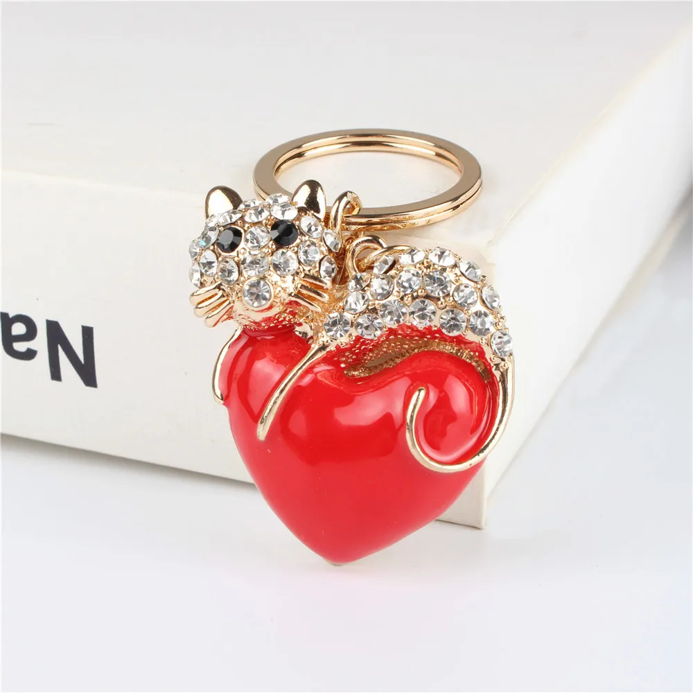 

Red Heart Cat Pendant Charm Rhinestone Crystal Purse Bag Keyring Key Chain Accessories Wedding Party Holder Keyfob Gift