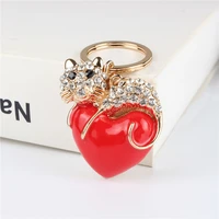 red heart cat pendant charm rhinestone crystal purse bag keyring key chain accessories wedding party holder keyfob gift