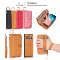 pola fashion woven pattern wristband leather holster zip wallet case for samsung galaxy card pocket magnetic detachable car ring