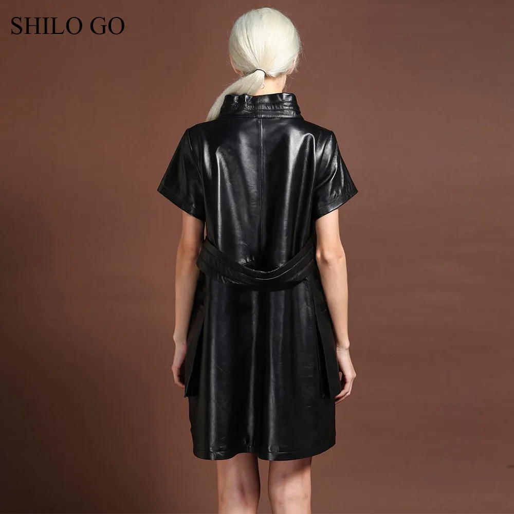 SHILO GO Leather Dress Womens Spring Fashion sheepskin genuine leather tie turtleneck collar short sleeve A Line dress | Женская одежда