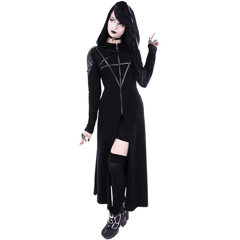 Rosetic Gothic Mid-Length Hooded T-shirt Women Long Sleeves Casual Autumn Fashion Patchwork Asymmetric Black T-shirts | Женская одежда