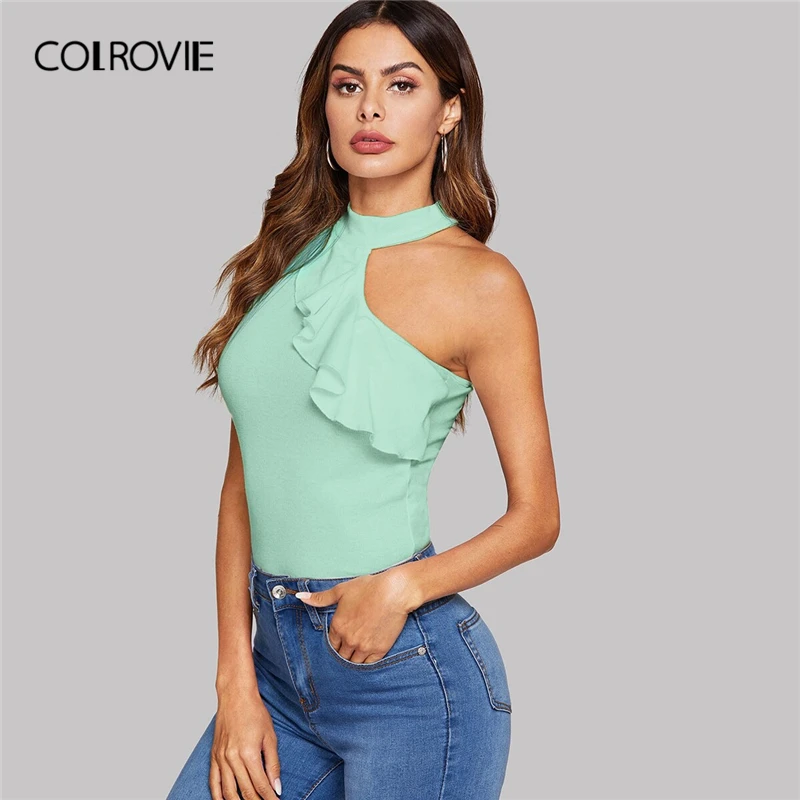 COLROVIE, асимметричный женский топ с рюшами, лето, гламурные элегантные офисные женские жилеты плотной посадки с вырезами