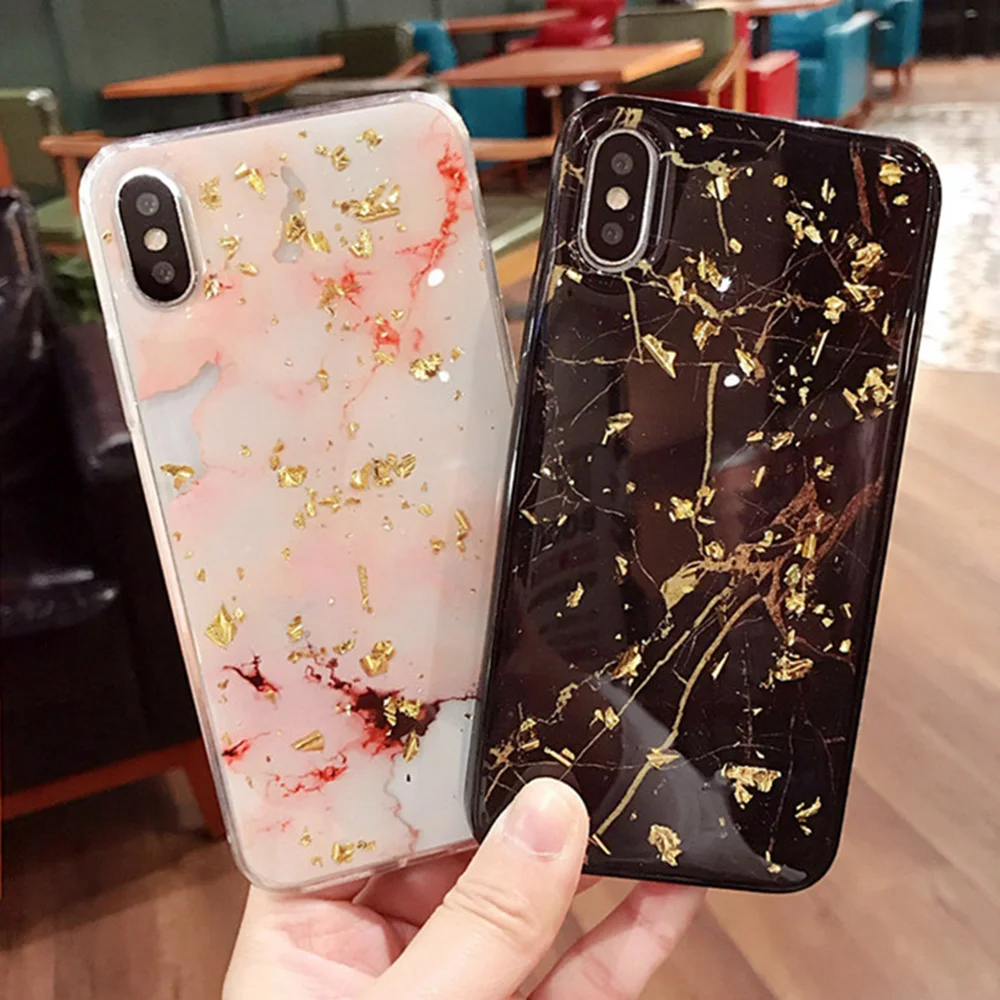 Gold Foil Bling Marble Phone Case For iPhone 6 7 8 Plus X XR XS Luxury Glitter Soft TPU with Film |