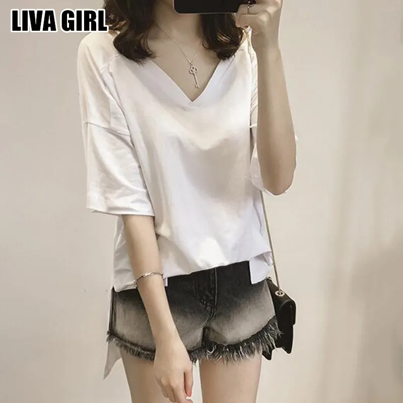 Элегантная модная женская футболка Liva Girl новые стильные однотонные рубашки с V