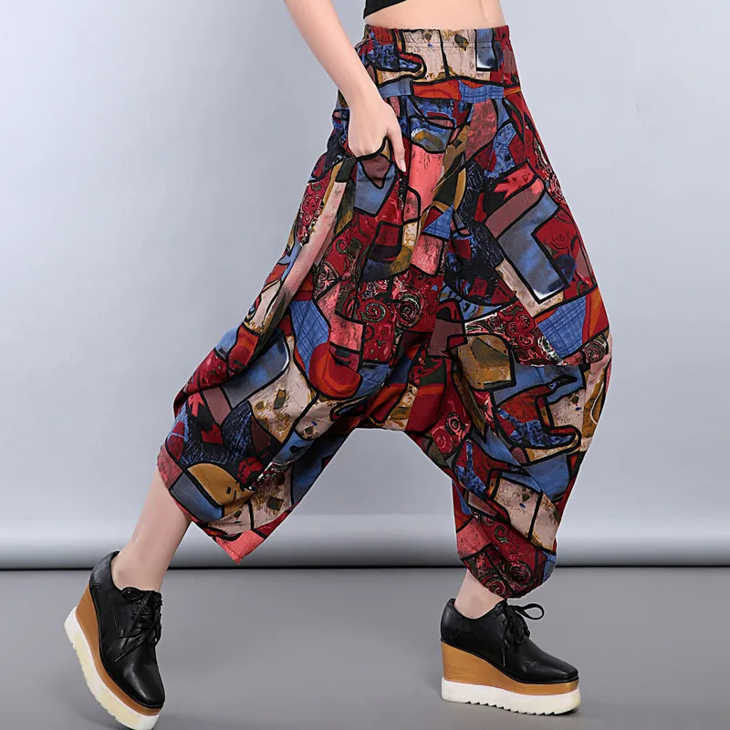 2017 Women Harem Trousers Cotton Linen Loose Plus Size Wide Leg Pants Elastic Waist Vintage Womens Casual |
