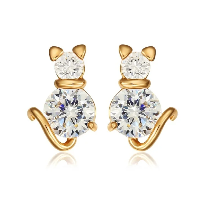 Yellow Gold Color Cute Cat Kitty Clear Zircon Anti Allergic Piercing Stud Earrings for Women Children Girls Kids Jewelry Aros|stud earrings|stud