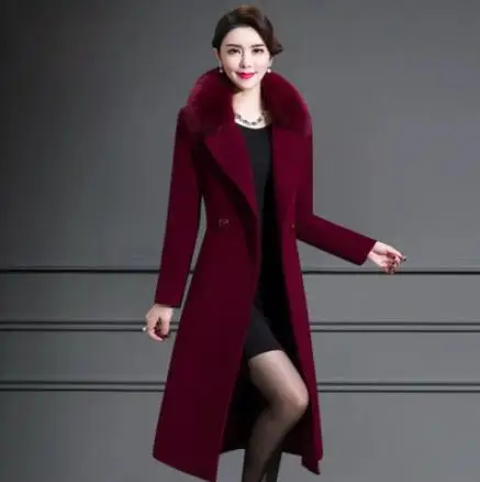 8155 Red wine Новинка, женское длинное шерстяное пальто, модное, с меховым воротником, однотонное, высокое качество, для девушек, зимнее пальто, большой размер, шерстяное, сохраняющее тепло пальто, YF339 - Цвет: 8155 Red wine