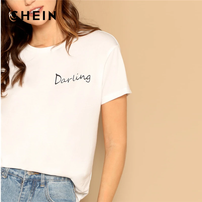 SHEIN Футболка С Текстовым Принтом Элегантные Летние Женские Топы С Коротким Рукавом