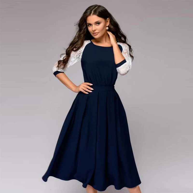 Женское повседневное кружевное лоскутное платье трапециевидной формы для