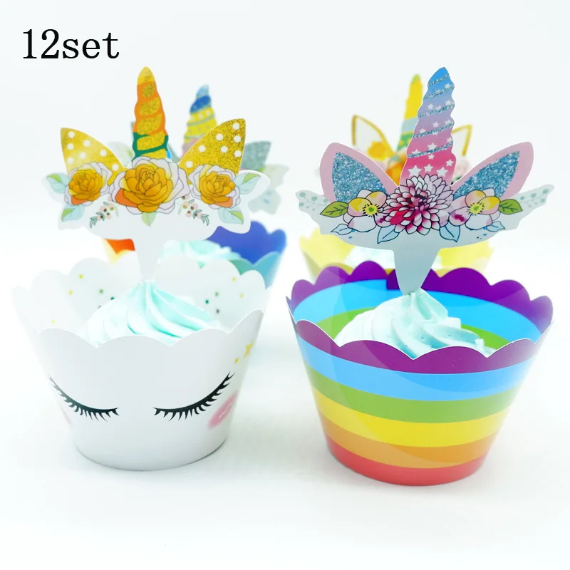 cupcake2 X12set 12 компл. Мультфильм розовый голубой Единорог обертки для кексов Свадьба для именинного пирога декоративный для Бэйби шауэра вечерние поставки Единорог торт Топпер - Цвет: cupcake2 X12set