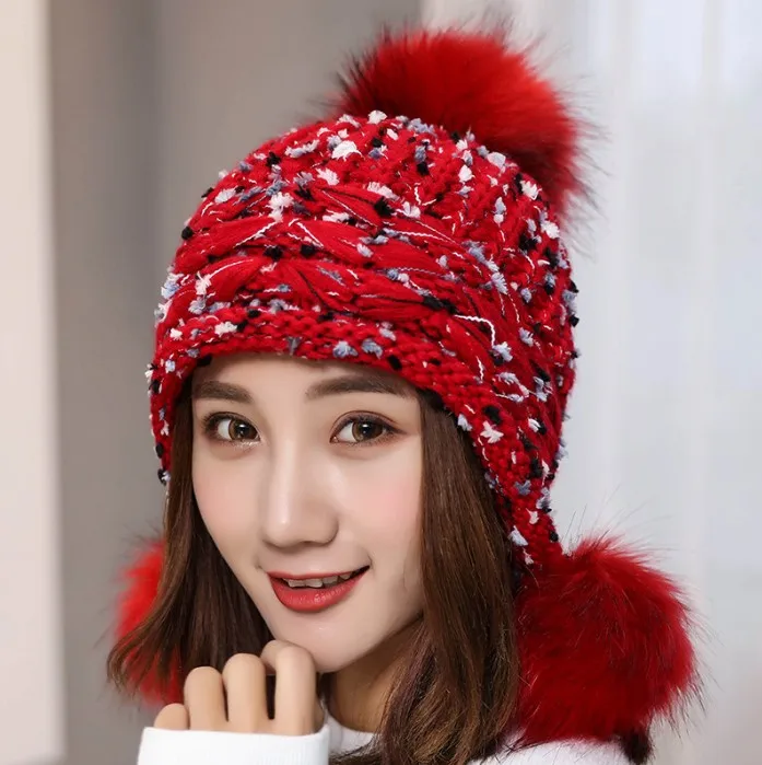 Зимние новые разноцветные вязаные шапочки с помпонами женская шапка для женщин