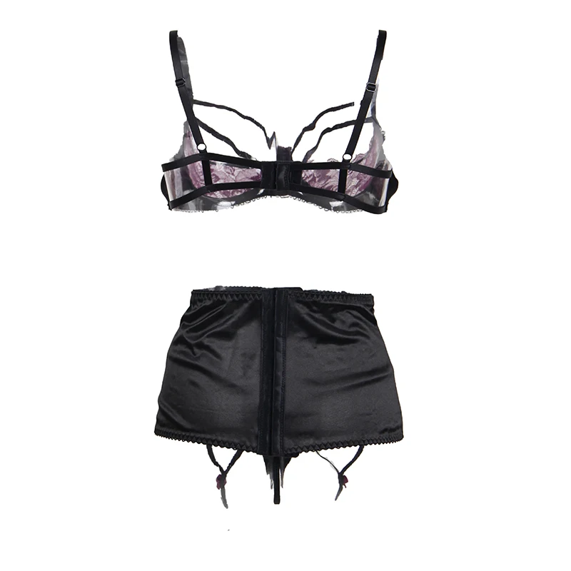 3 шт. Для женщин бюстгальтеры Плавки Нижнее белье Babydoll Комплект подвязок, R80418 размера плюс кружево Фиолетовый эротический Женский комплект бюстгальтеров в открытыми чашечками бюстгальтер обод