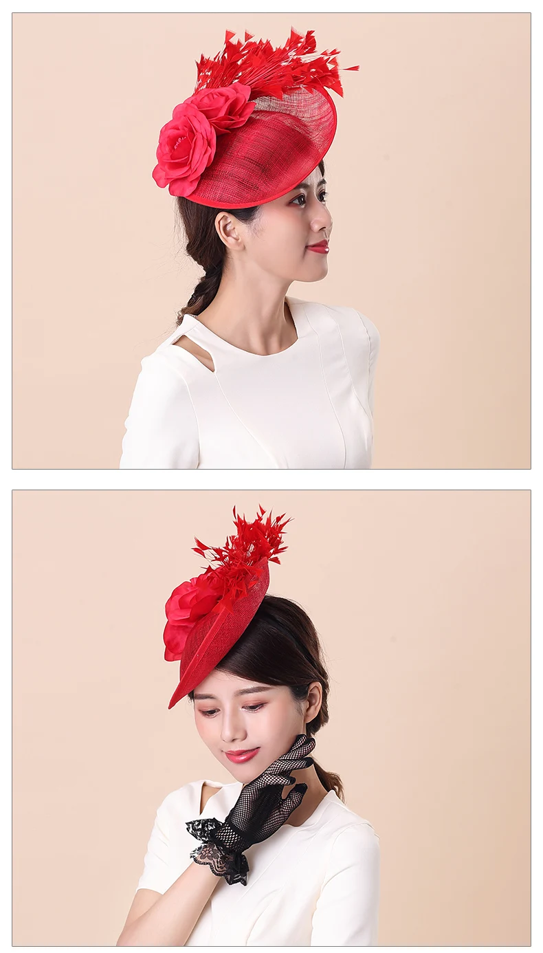 Fedoras Hat Fashion British Royal Ascot Feather Sinamay Fascinator Cap Ladies Wedding Show Hair Accessories Headwear Caps H6615