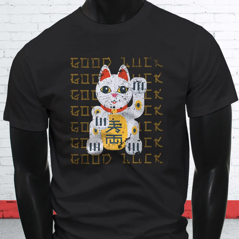 Удачи MANEKI NEKO CAT повезло Японии очарование Азиатский Для мужчин s Черная футболка